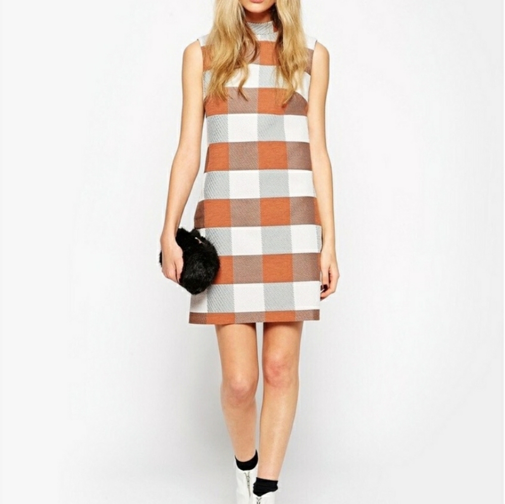 ASOS Brown Cream White Plaid Sleeveless Mini Shift Dress Mid-Century Mod Retro